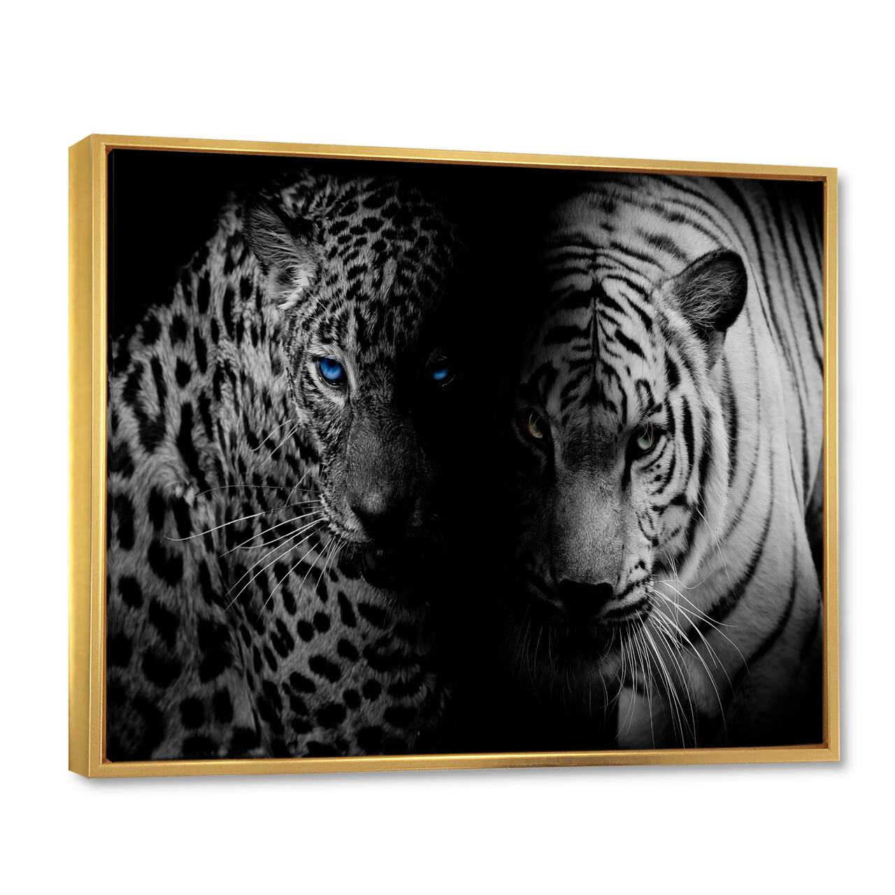 Designart - Leopard and Tiger in Black - Animal Framed Canvas Art Print